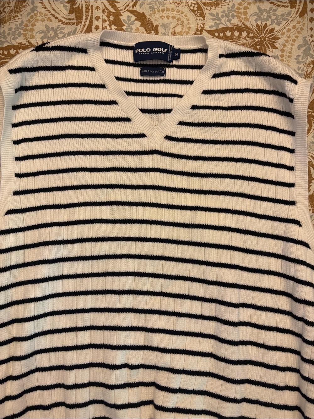 Polo Golf Men's White V-Neck Sweater Vest with Navy Stripes